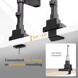 The Mount-It! Heavy-Duty Triple Monitor Mount attaches to desks (0.4–1.8") with a top clamp or grommet. Inset shows the user-friendly top clamp option—ideal for ultrawide monitor setups.