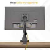 A Mount-It! Heavy-Duty Monitor Mount with Gas Spring Arm is desk-mounted, with cables neatly routed through its built-in cable management. Text at the top reads: Neat cable management.
