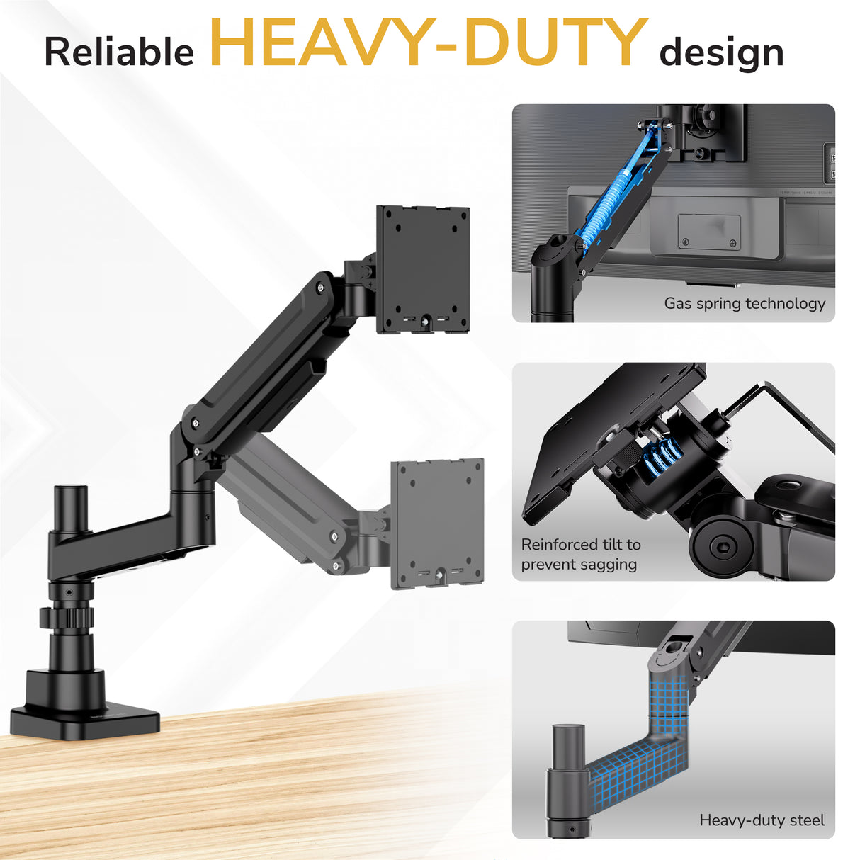 The Mount-It! Heavy-Duty Monitor Mount with Gas Spring Arm offers reliable steel construction, reinforced tilt, a top-mounted clamp for easy installation, and includes diagrams to highlight each feature.