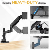 The Mount-It! Heavy-Duty Monitor Mount with Gas Spring Arm offers reliable steel construction, reinforced tilt, a top-mounted clamp for easy installation, and includes diagrams to highlight each feature.