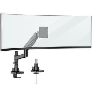 The Mount-It! Heavy-Duty Monitor Mount with Gas Spring Arm in black supports a large curved ultrawide monitor. It offers clamp and grommet mounting plus neat cable management, shown against a white background.