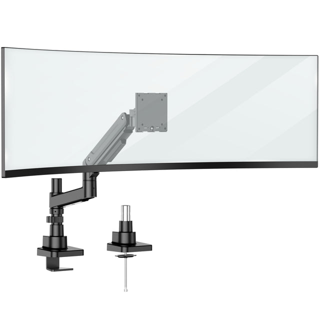 The Mount-It! Heavy-Duty Monitor Mount with Gas Spring Arm in black supports a large curved ultrawide monitor. It offers clamp and grommet mounting plus neat cable management, shown against a white background.