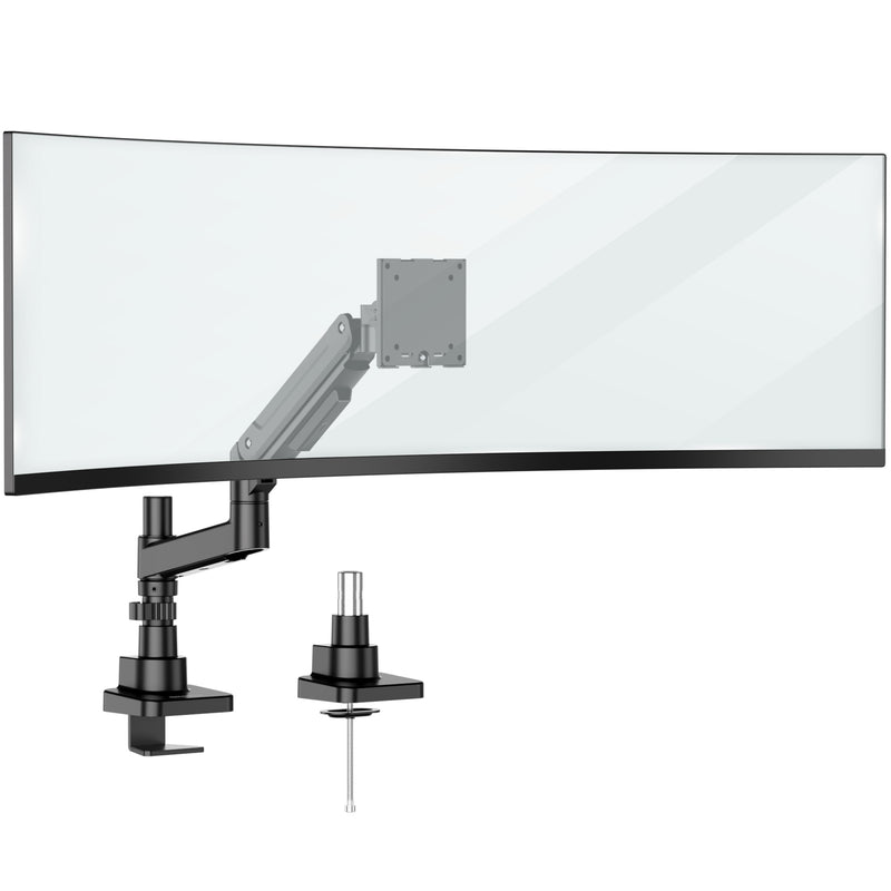 The Mount-It! Heavy-Duty Monitor Mount with Gas Spring Arm in black supports a large curved ultrawide monitor. It offers clamp and grommet mounting plus neat cable management, shown against a white background.