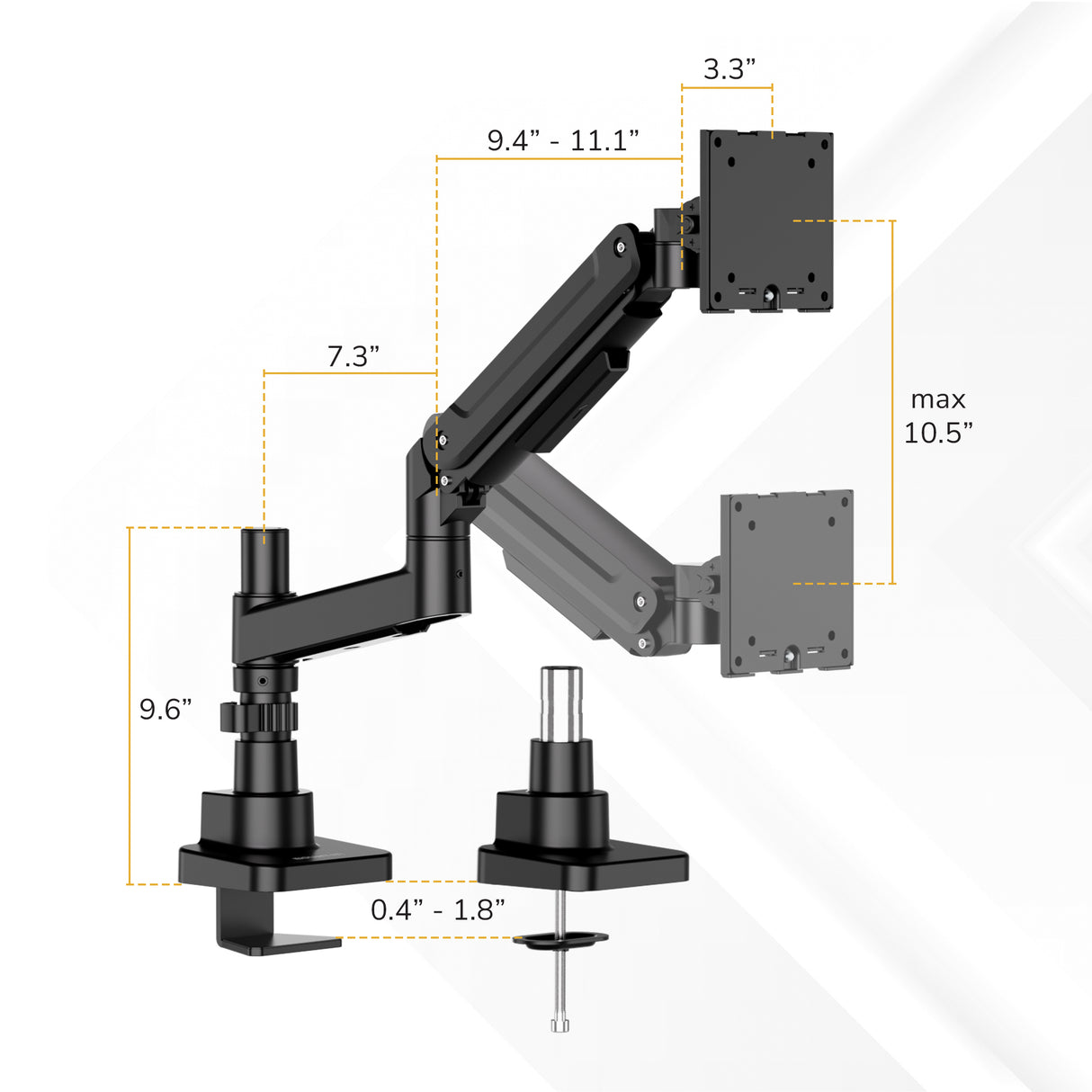 The Mount-It! Heavy-Duty Monitor Mount with Gas Spring Arm features a black, adjustable two-joint design, top-mounted clamp, supports monitors up to 10.5" high, and allows effortless positioning with precise gas spring adjustment.
