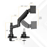 The Mount-It! Heavy-Duty Monitor Mount with Gas Spring Arm features a black, adjustable two-joint design, top-mounted clamp, supports monitors up to 10.5" high, and allows effortless positioning with precise gas spring adjustment.