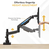A hand smoothly raises and lowers a computer monitor using the Mount-It! Heavy-Duty Monitor Mount with Gas Spring Arm, showcasing effortless fingertip height adjustment.