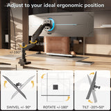 The Mount-It! Heavy-Duty Monitor Mount with Gas Spring Arm is on an office desk. Three insets show its adjustability: swivel up to 180°, rotate up to 180°, and tilt between -20° and +50°.