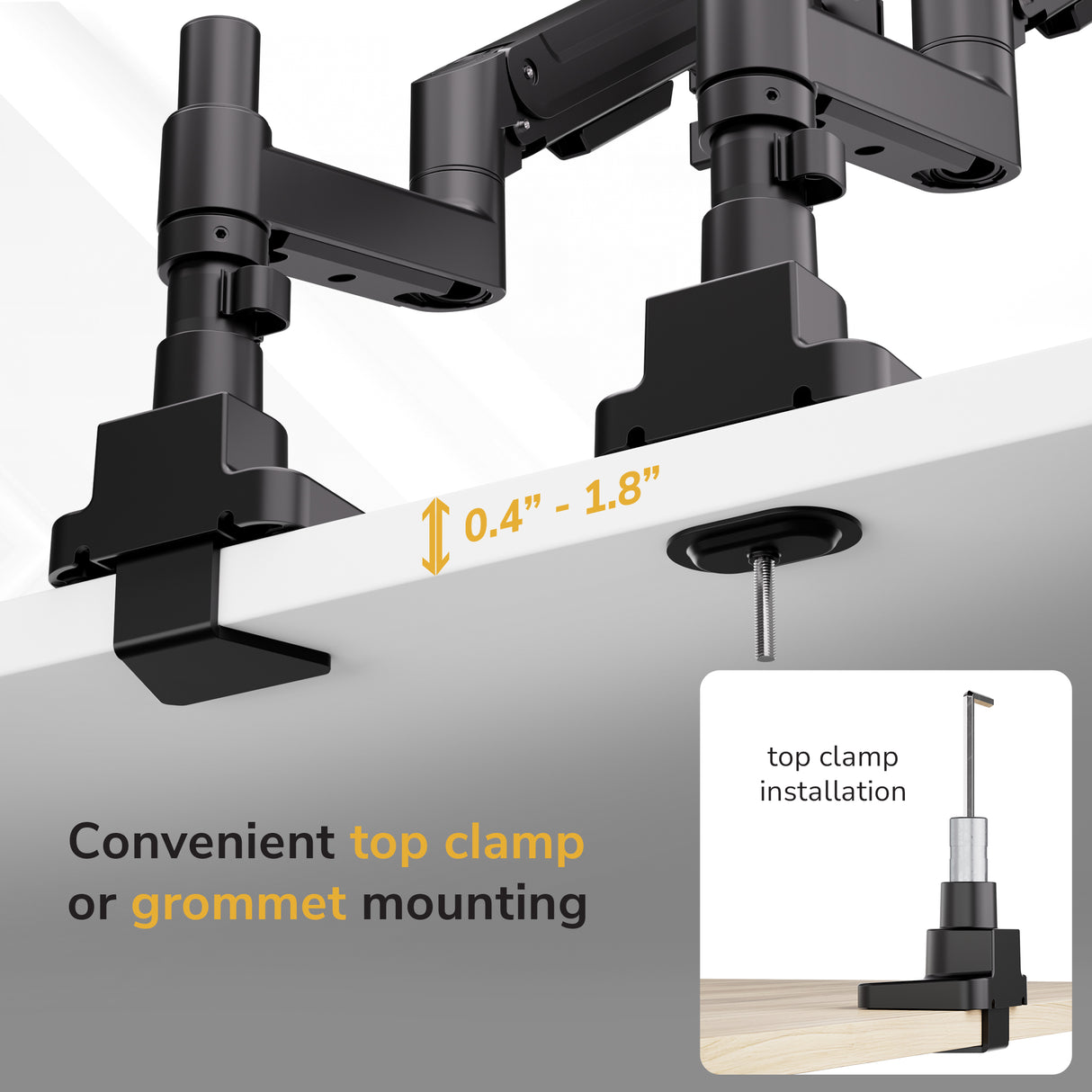 The Mount-It! Heavy-Duty Monitor Mount with Gas Spring Arm in black is clamped to a desk (0.4–1.8" thick) using a top-mounted clamp. An inset diagram shows both top clamp and grommet mounting options, highlighting versatile installation methods.