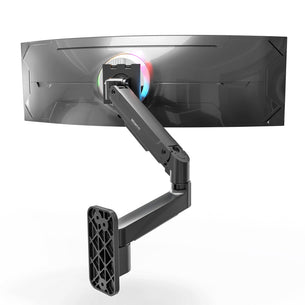 The Mount-It! Heavy-Duty Single Monitor Wall Mount is shown from the back against a white background, supporting a wide curved ultrawide monitor. The adjustable arm features RGB lighting around the mount.