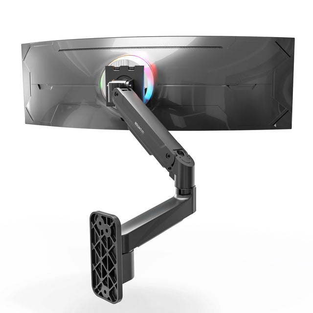 The Mount-It! Heavy-Duty Single Monitor Wall Mount is shown from the back against a white background, supporting a wide curved ultrawide monitor. The adjustable arm features RGB lighting around the mount.