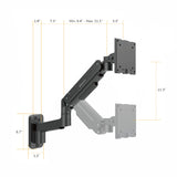 The Mount-It! Heavy-Duty Single Monitor Wall Mount is shown in black with measurements for height, arm extension, and base size. The adjustable monitor plate in two positions shows its ergonomic range, perfect for any workstation setup.