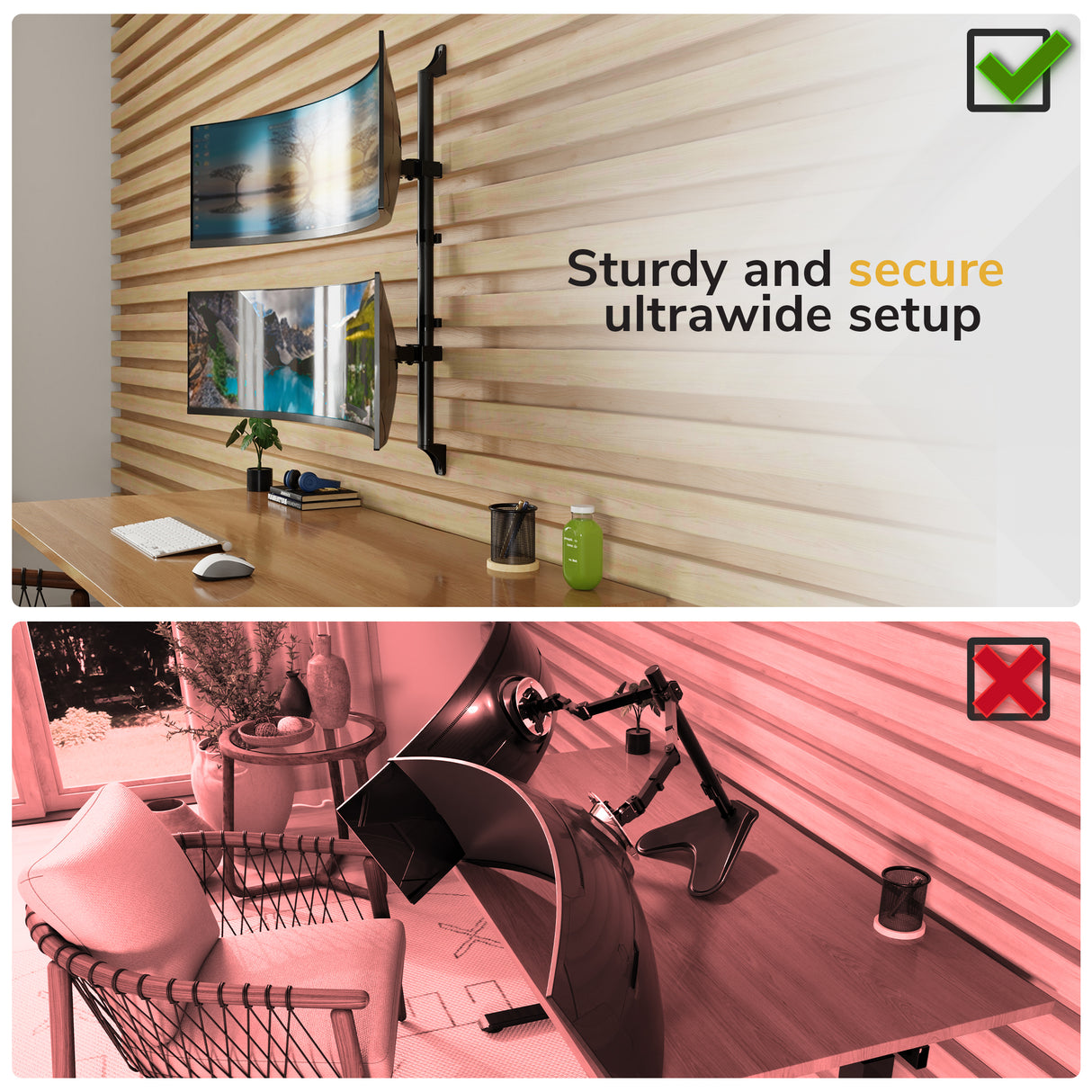 Image compares two desk setups: the top (with a green checkmark) uses the Mount-It! Heavy-Duty Dual Stacked Monitor Wall Mount for an organized workspace; the bottom (with a red X) has an unstable monitor arm and clutter.