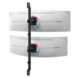 The Mount-It! Heavy-Duty Dual Stacked Monitor Wall Mount securely holds two curved, white RGB monitors in a vertical stacked setup, featuring VESA compatibility and a sleek design against a white background.