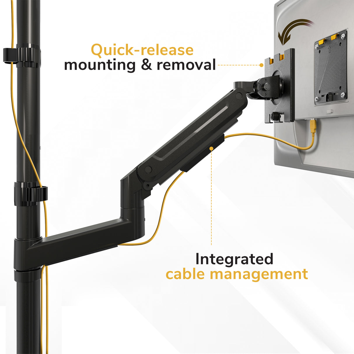 The Mount-It! Heavy Duty Dual Stacked Monitor Wall Mount with Gas Spring offers quick-release mounting, integrated yellow cable management, and ergonomic design—perfect for organizing monitors efficiently.