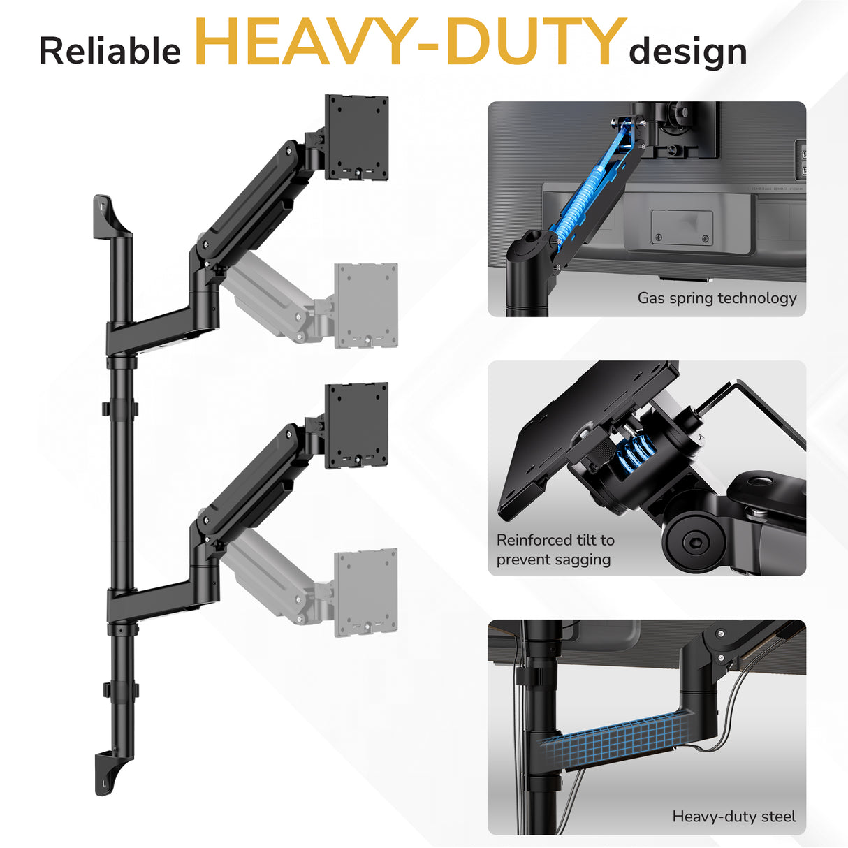 Mount-It! Heavy Duty Dual Stacked Monitor Wall Mount features gas spring technology, reinforced tilt to prevent sagging, and durable steel construction for secure ultrawide monitor support.