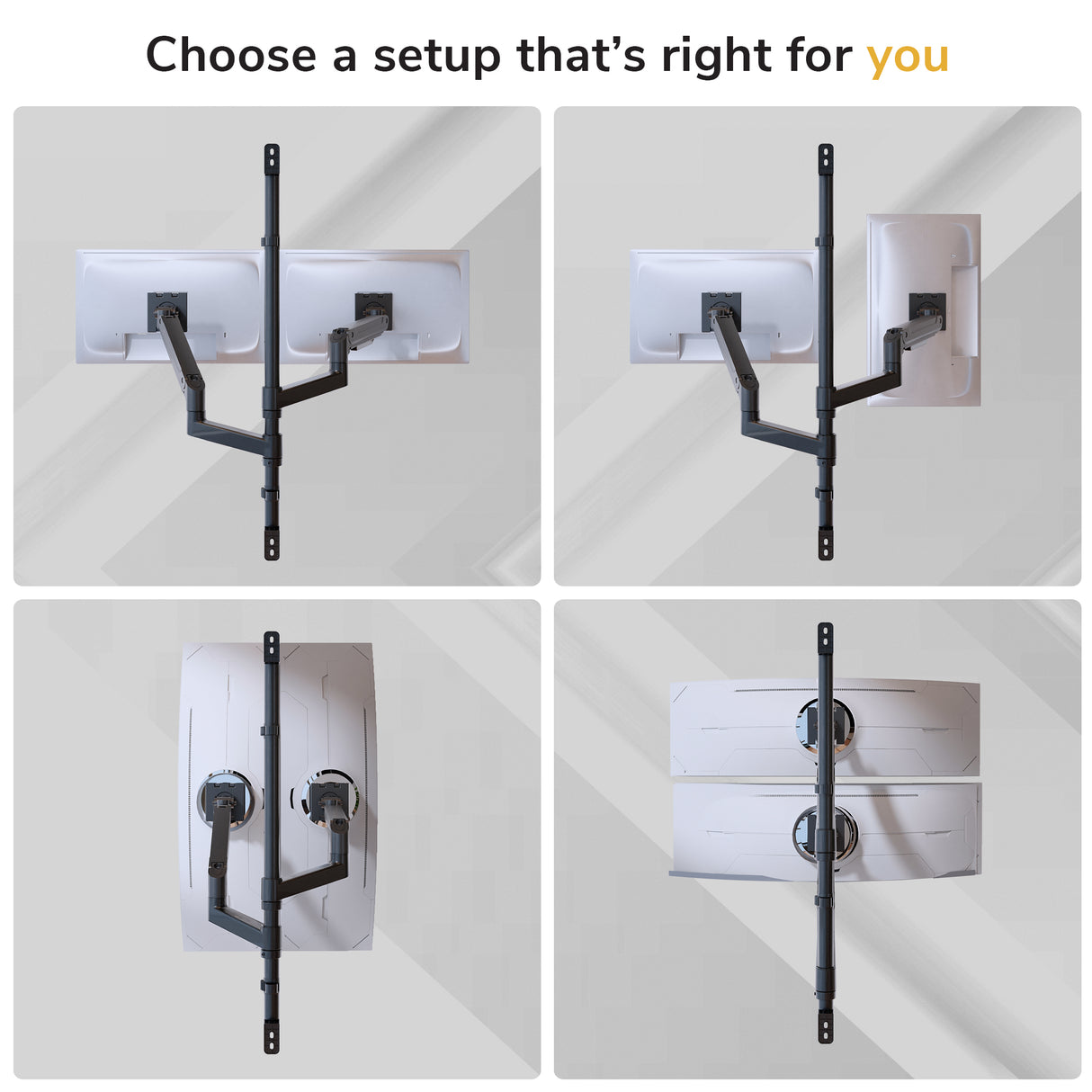 Four monitor setups are shown: two single monitors on ergonomic stands, one curved ultrawide monitor, and two stacked monitors using the Mount-It! Heavy Duty Dual Stacked Monitor Wall Mount with Gas Spring. Text above reads, Choose a setup that's right for you.