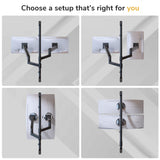Four monitor setups are shown: two single monitors on ergonomic stands, one curved ultrawide monitor, and two stacked monitors using the Mount-It! Heavy Duty Dual Stacked Monitor Wall Mount with Gas Spring. Text above reads, Choose a setup that's right for you.