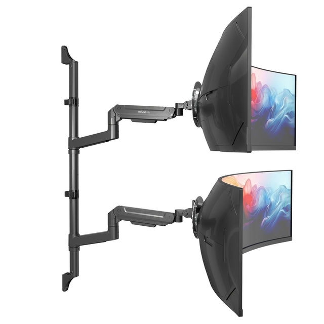 Two curved monitors are stacked vertically on the Mount-It! Heavy Duty Dual Stacked Monitor Wall Mount with Gas Spring, offering strong ultrawide support. Both screens showcase vivid abstract graphics.