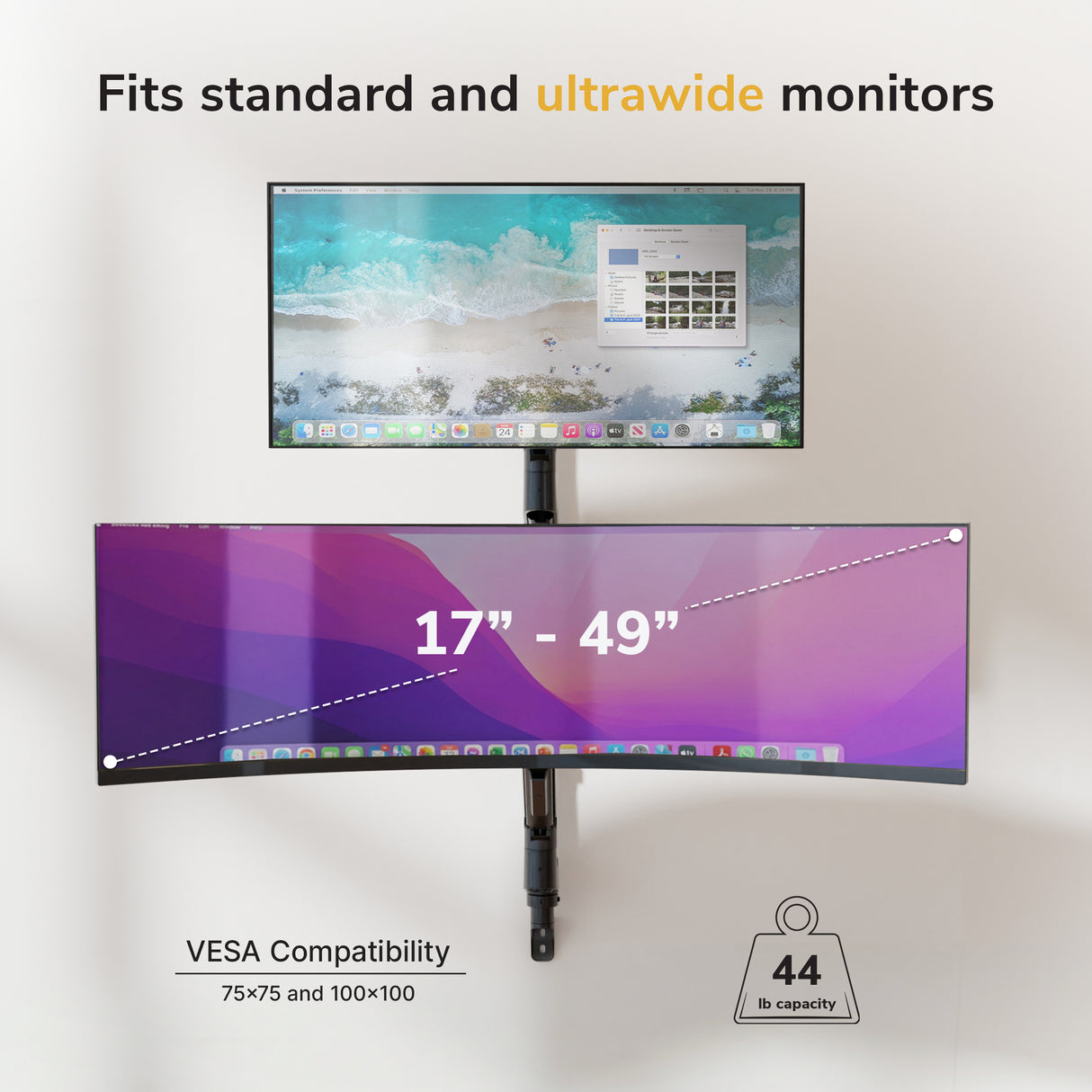 The Mount-It! Heavy Duty Dual Stacked Monitor Wall Mount with Gas Spring offers ergonomic support for 17–49" screens (VESA 75x75/100x100), holding up to 44 lbs—ideal for positioning a standard display above an ultrawide monitor.