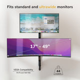 The Mount-It! Heavy Duty Dual Stacked Monitor Wall Mount with Gas Spring offers ergonomic support for 17–49" screens (VESA 75x75/100x100), holding up to 44 lbs—ideal for positioning a standard display above an ultrawide monitor.