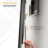 A hand pulls a quick release spring lock tab behind the Mount-It! Heavy-Duty XXL Fixed TV Wall Mount, showing how the secure lock holds your TV firmly and is easy to release.