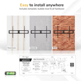 Mount-It! Heavy-Duty XXL Fixed TV Wall Mount kit includes mounting template, bubble level, and hardware. Illustrated for wood studs, concrete, and brick walls. Text: "Easy to install anywhere.