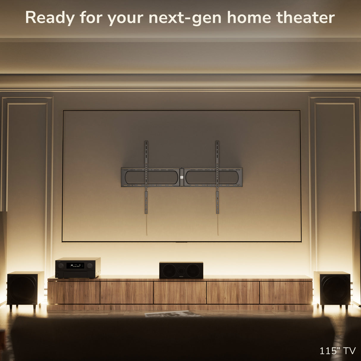 A modern living room with a Mount-It! Heavy-Duty XXL Fixed TV Wall Mount, surround sound speakers, and wood media console, softly lit; text reads, Ready for your next-gen home theater.