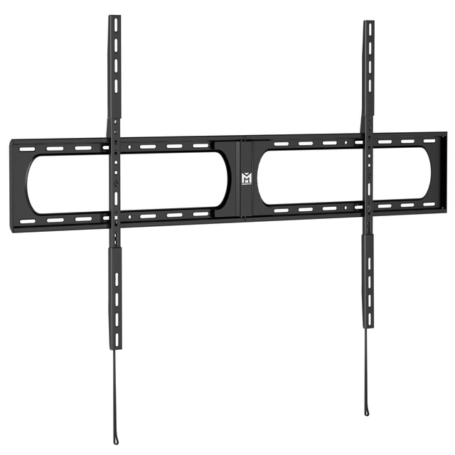 The Mount-It! Heavy-Duty XXL Fixed TV Wall Mount in black is designed for ultra-large flat screens, featuring multiple vertical and horizontal bars with mounting slots and two pull cords for easy installation and removal.