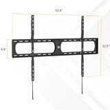 The Mount-It! Heavy-Duty XXL Fixed TV Wall Mount features two vertical supports, a horizontal frame, and measures 53.9" wide x 32.5" tall x 8.9" high, with orange dotted lines highlighting its ultra-large size.
