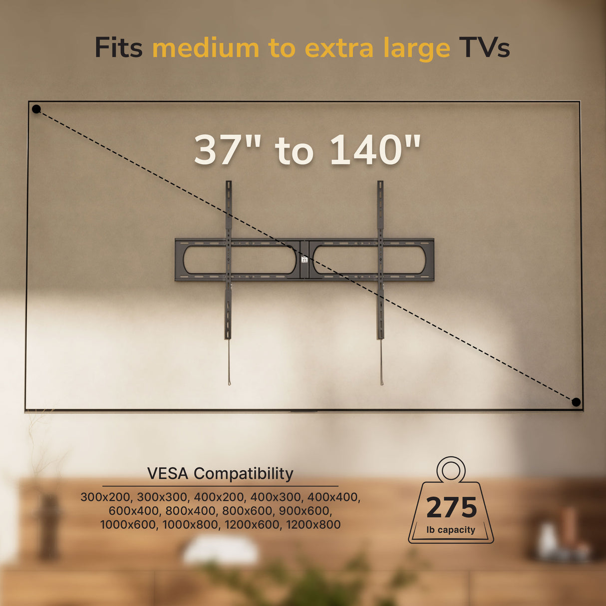 Mount-It! Heavy-Duty XXL Fixed TV Wall Mount fits 37–140 inch TVs, supports up to 275 lbs, and is VESA compatible. Ideal for medium to extra-large screens. Background features shelves and decor.