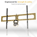 TV mount with a 275lb kettlebell attached, showcasing strength and safety features.
