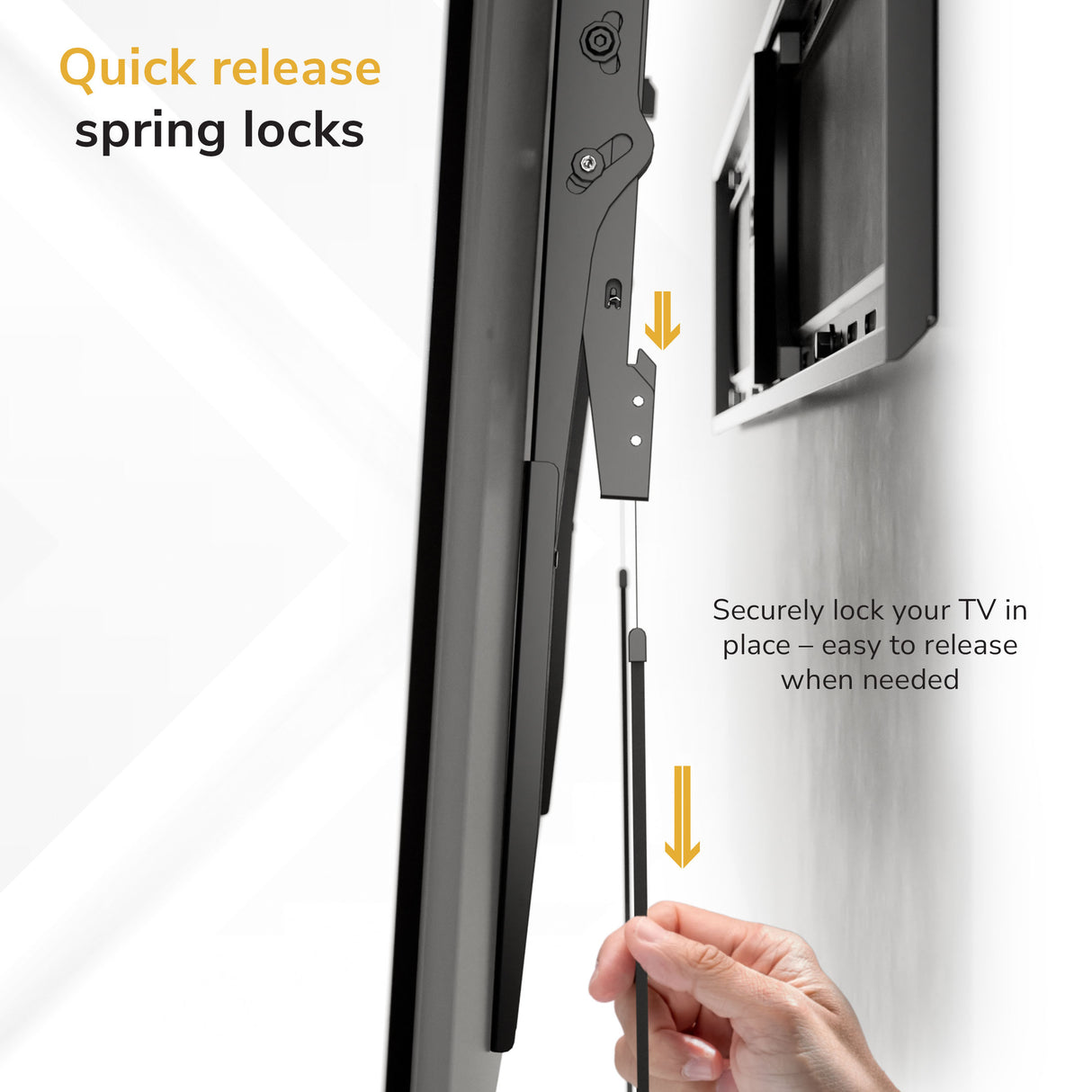 TV wall mount with quick release spring locks on a white background