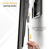 TV wall mount with quick release spring locks on a white background