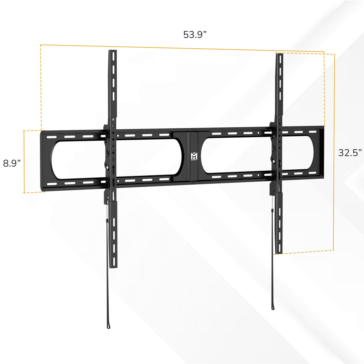 Black TV wall mount with dimensions on a white background