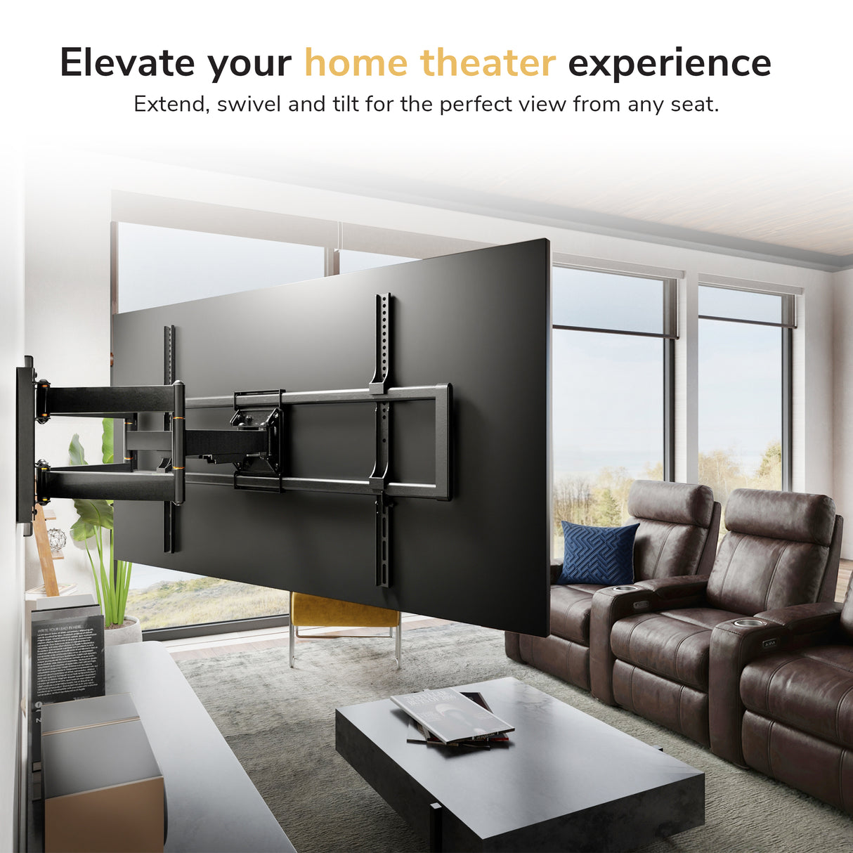A large wall-mounted TV stand with a wide arm and a large black screen panel, shown installed in a modern living room with brown leather recliners, a coffee table, and large windows. Text at the top reads 'Elevate your home theater experience.