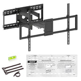Black wall-mount bracket kit for a TV, shown with included hardware and an instruction sheet on a white background. The main product is the large adjustable wall mount, with mounting brackets, screws, a small green level tool, and a printed installation guide below.