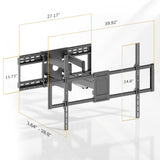 A dark gray adjustable wall mount bracket shown on a white background with dimension callouts in gold lines and text indicating width, height, and depth measurements.