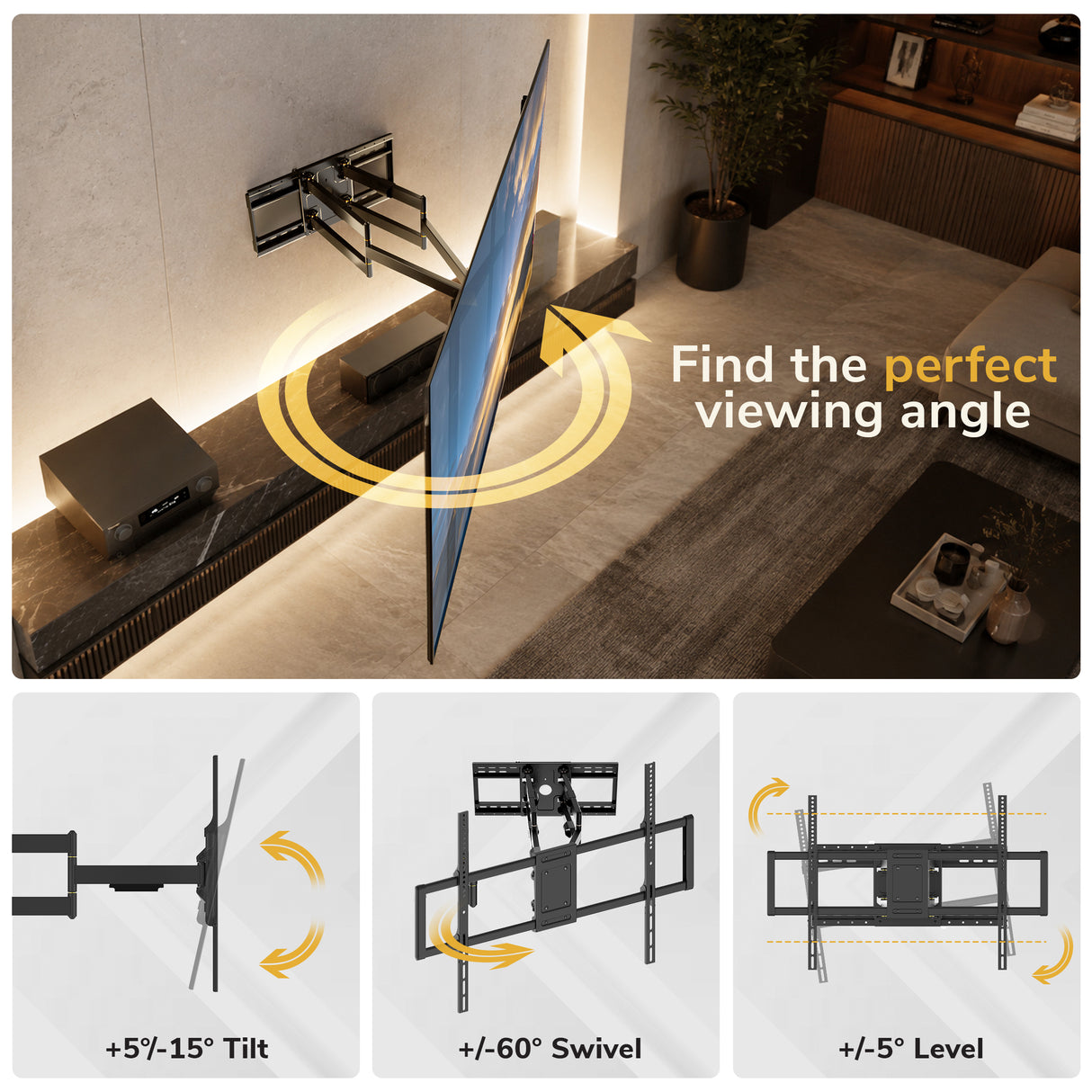 TV wall mount shown mounted in a living room above a media console, with a large screen angled for viewing. Text reads 'Find the perfect viewing angle.