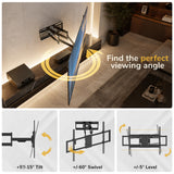 TV wall mount shown mounted in a living room above a media console, with a large screen angled for viewing. Text reads 'Find the perfect viewing angle.