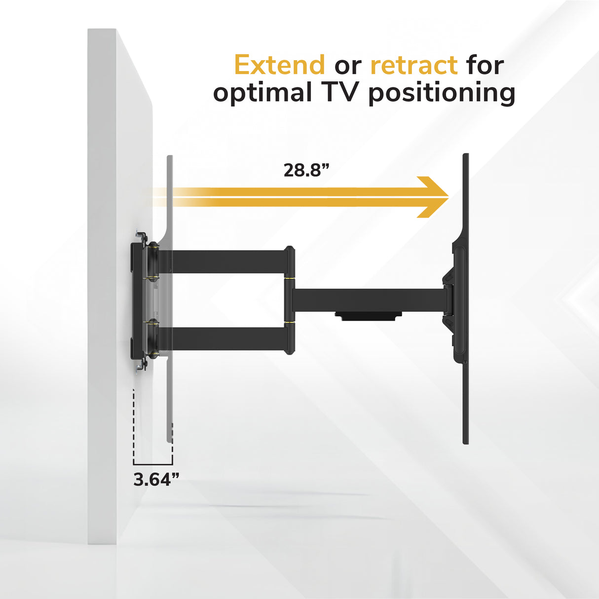 A wall-mounted TV bracket shown in a clean product render with text reading 'Extend or retract for optimal TV positioning,' plus dimension labels '28.8"' and '3.