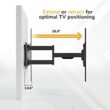 A wall-mounted TV bracket shown in a clean product render with text reading 'Extend or retract for optimal TV positioning,' plus dimension labels '28.8"' and '3.