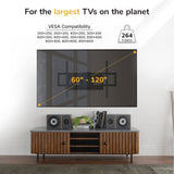 A TV wall mount shown mounted above a media console in a real room setting, with text overlays indicating VESA compatibility and weight capacity. Because a real interior environment is visible, this fits Lifestyle rather than Product/Packaging.