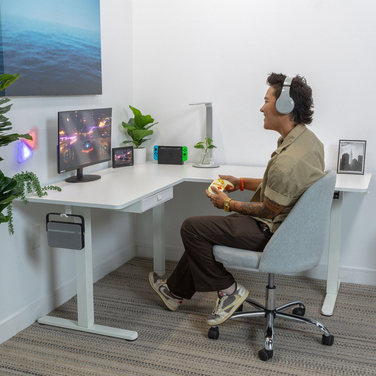 Video gaming on corner desk