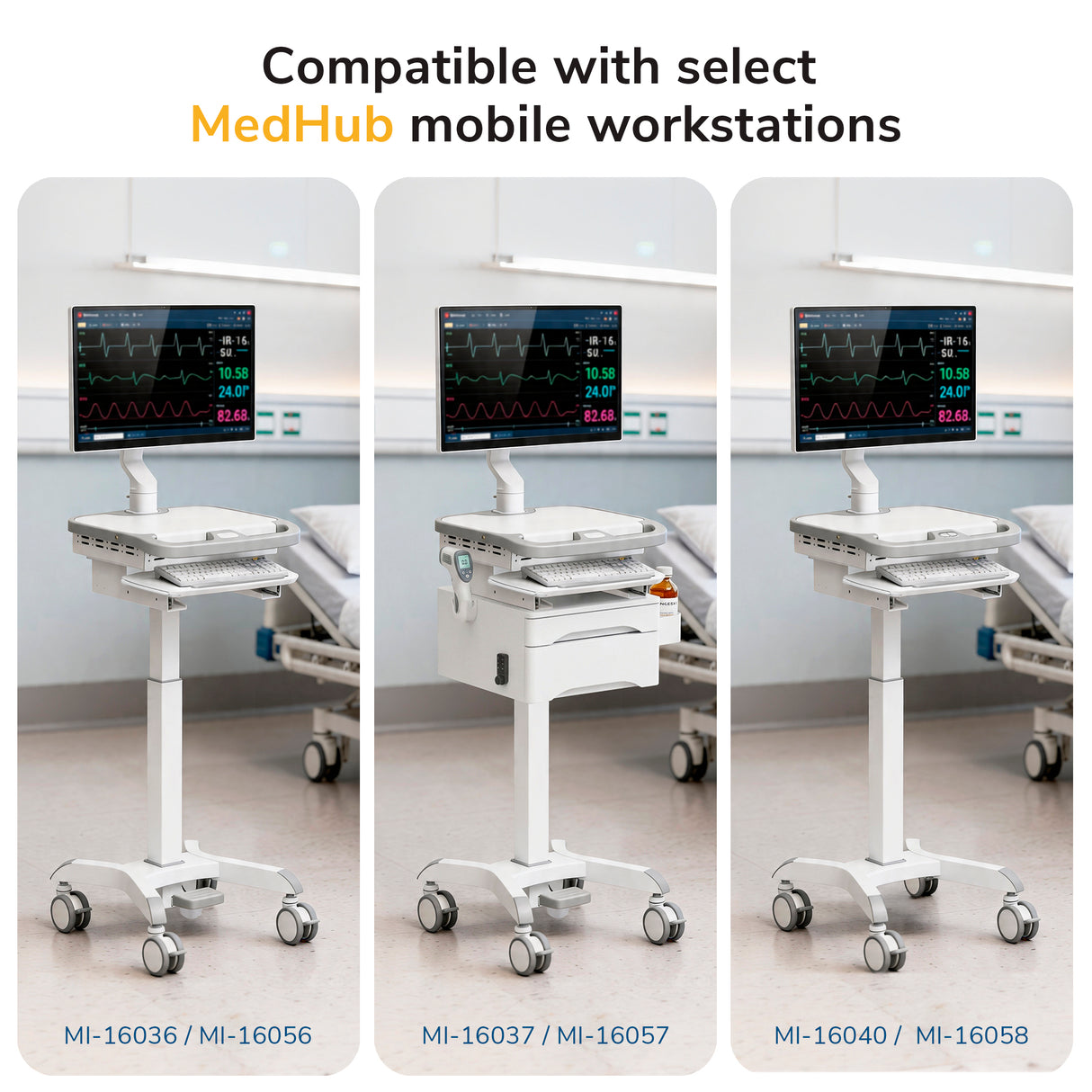 Three Mount-It! MedHub mobile workstations with Swivel Monitor Mounts display patient vital signs in a clinical setting. Each unit features a wheeled base, varying drawer configurations, and model numbers shown below.
