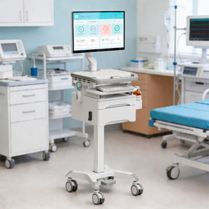 The Mount-It! MedHub Swivel Monitor Mount, a mobile medical computer cart with monitor, keyboard, drawer, and storage, is shown in a hospital room with medical equipment, cabinets, and a patient bed in the background.