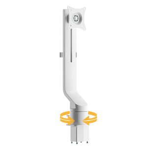 The Mount-It! MedHub Swivel Monitor Mount is a white adjustable monitor arm featuring a mounting plate and yellow arrows at the base showing its 360-degree rotation capability.