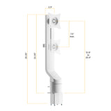 Side view of the Mount-It! MedHub Swivel Monitor Mount in white, featuring 25.35” total height, 22.35” adjustable arm height, 2.5” arm width, 7.5” max mount distance, and a mounting height range of 12.9” to 20.4”.