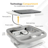 The Mount-It! MedHub Compact Mobile Workstation features a technology compartment with a removable lid, built-in power strip, USB ports, power switch, rear openings, and locking casters for mobility. A laptop connects inside the adjustable workstation.
