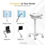 The Mount-It! MedHub Compact Mobile Workstation offers adjustable features, locking casters, and customizable options with compatible attachments—monitor mount, monitor arm, laptop arm, or tablet arm—each labeled. Attachments sold separately.