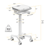 The Mount-It! MedHub Compact Mobile Workstation is a white adjustable cart with a tray, supports up to 30.8 lbs, features detailed inch measurements, and includes four locking casters for stability.
